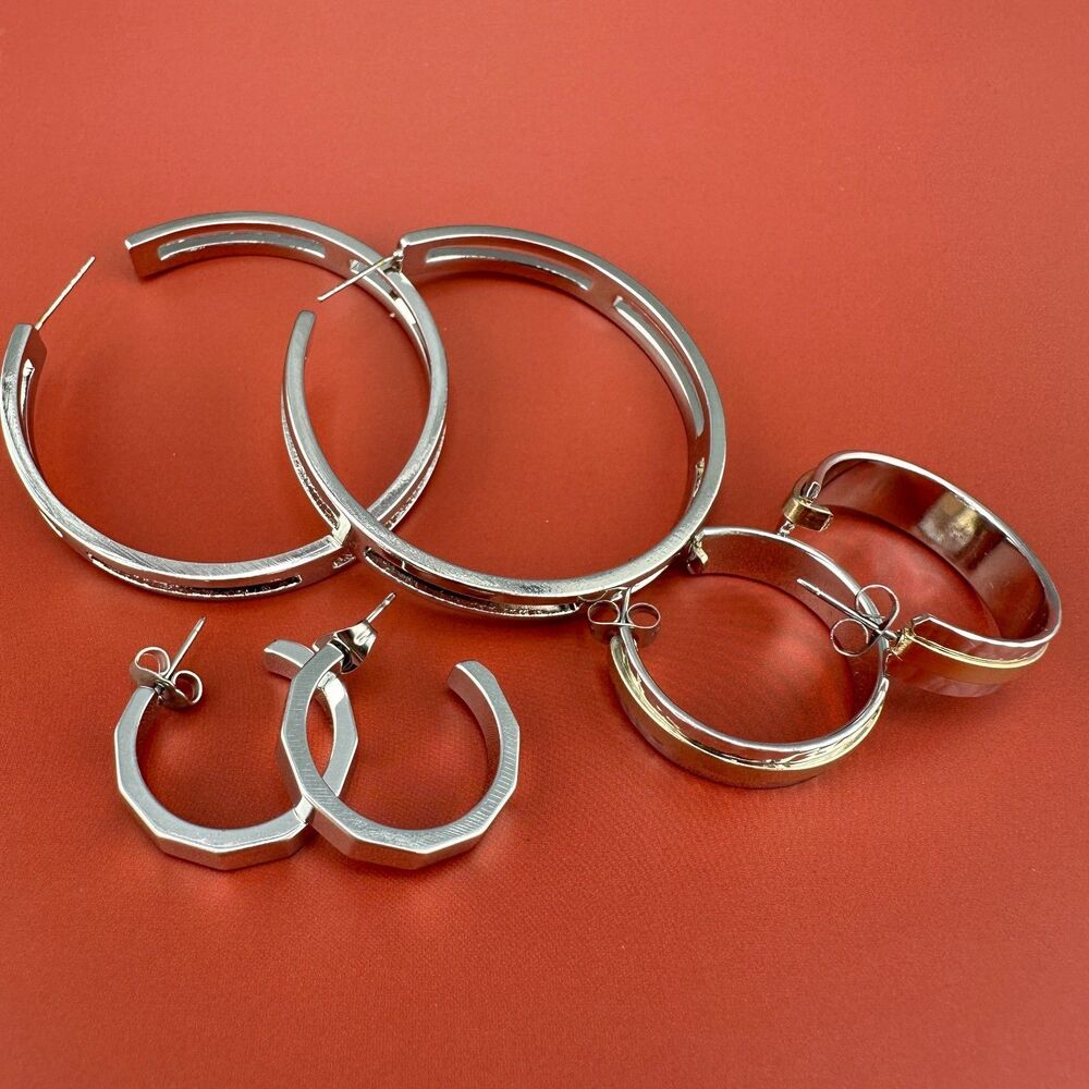 Vintage Hoop Earrings Lot Silver Gold Tone Thick Mixed Sizes Pierced 1990s